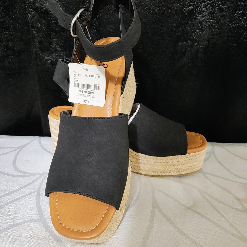 Ana Laskie Black Espadrille Wedge Sandals size 9.5 New